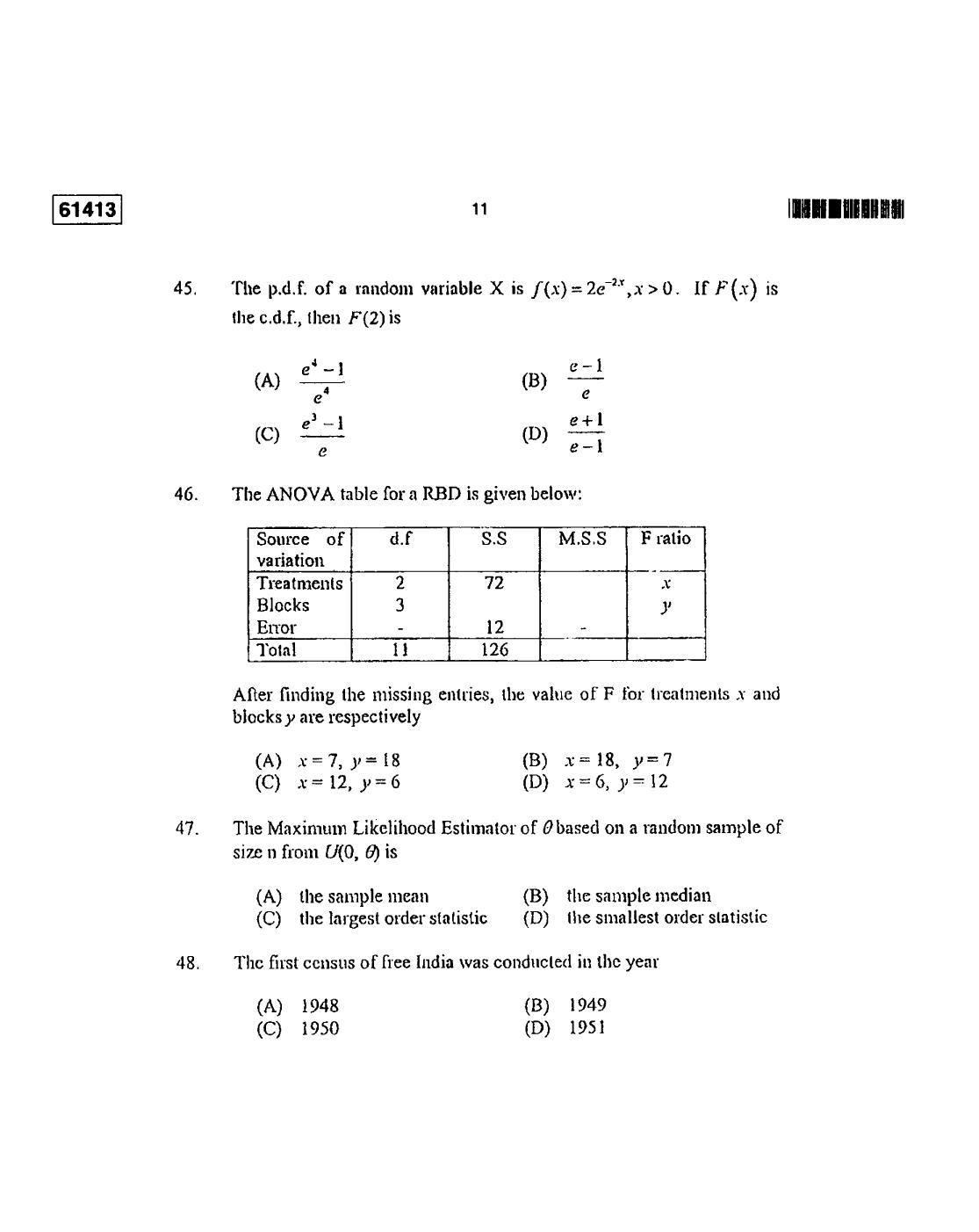 CUSAT CAT 2013 Statistics Question Paper - Page 12