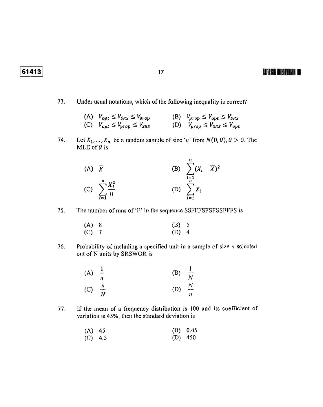 CUSAT CAT 2013 Statistics Question Paper - Page 18