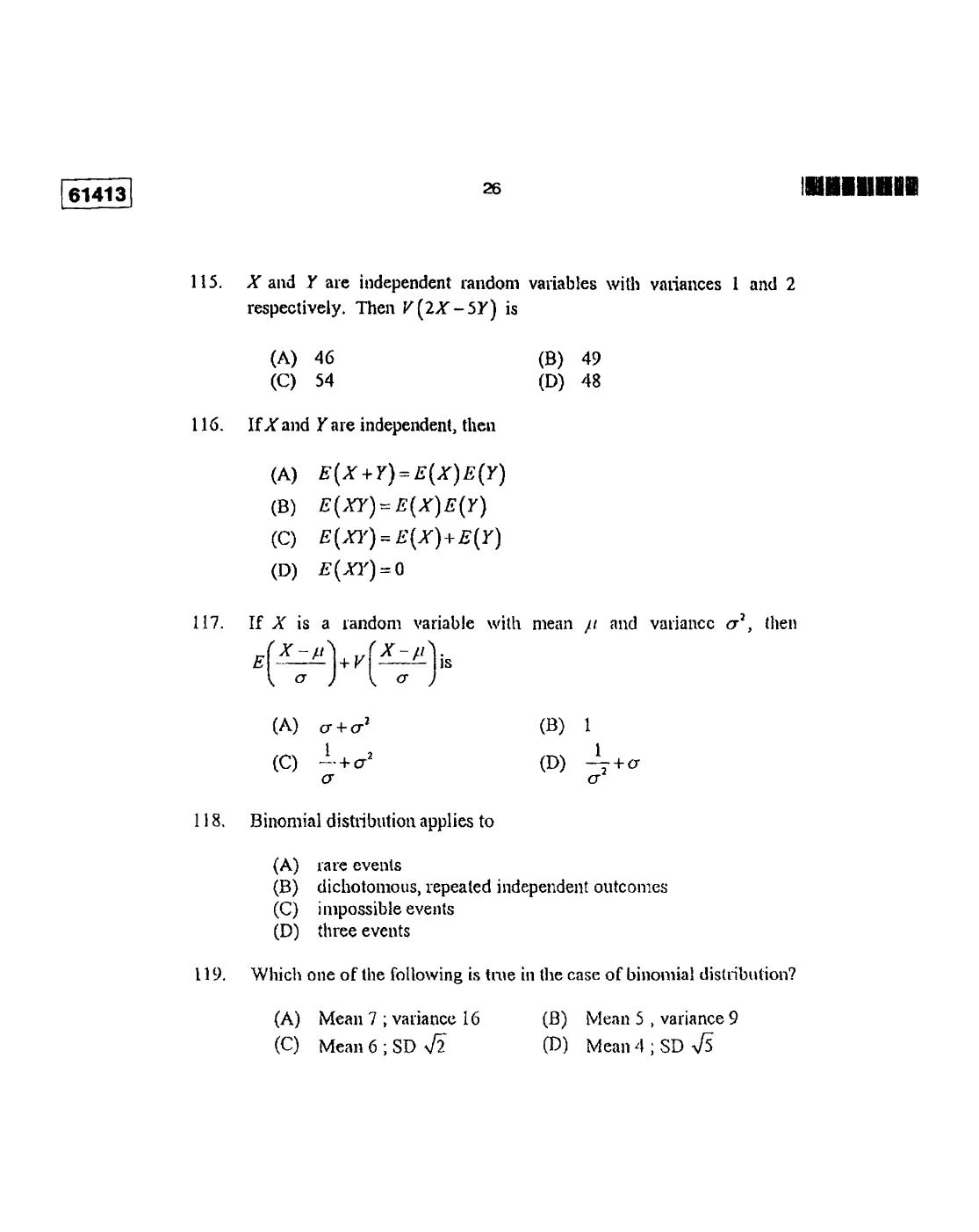 CUSAT CAT 2013 Statistics Question Paper - Page 27