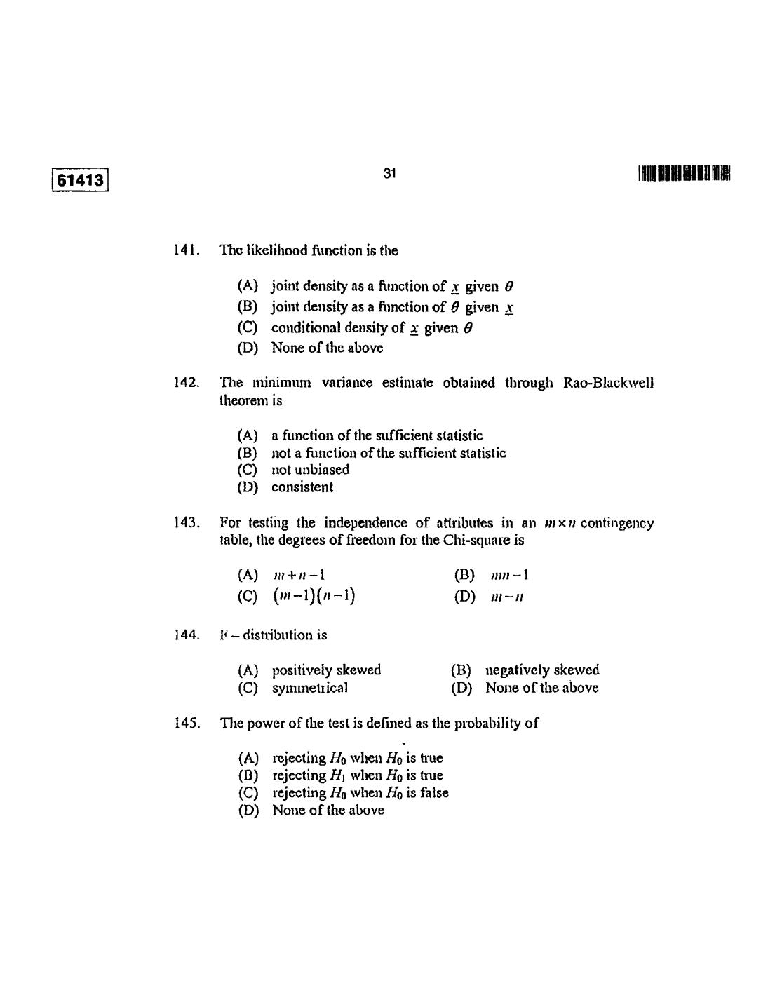 CUSAT CAT 2013 Statistics Question Paper - Page 32