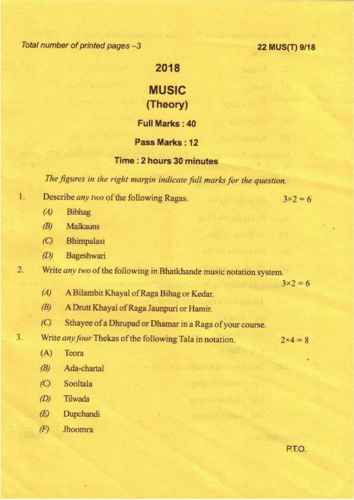 COHSEM Class 12	Music 2018 Question Papers - Page 1
