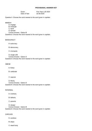 KLEE 5 Year LLB Exam 2020 Question Paper