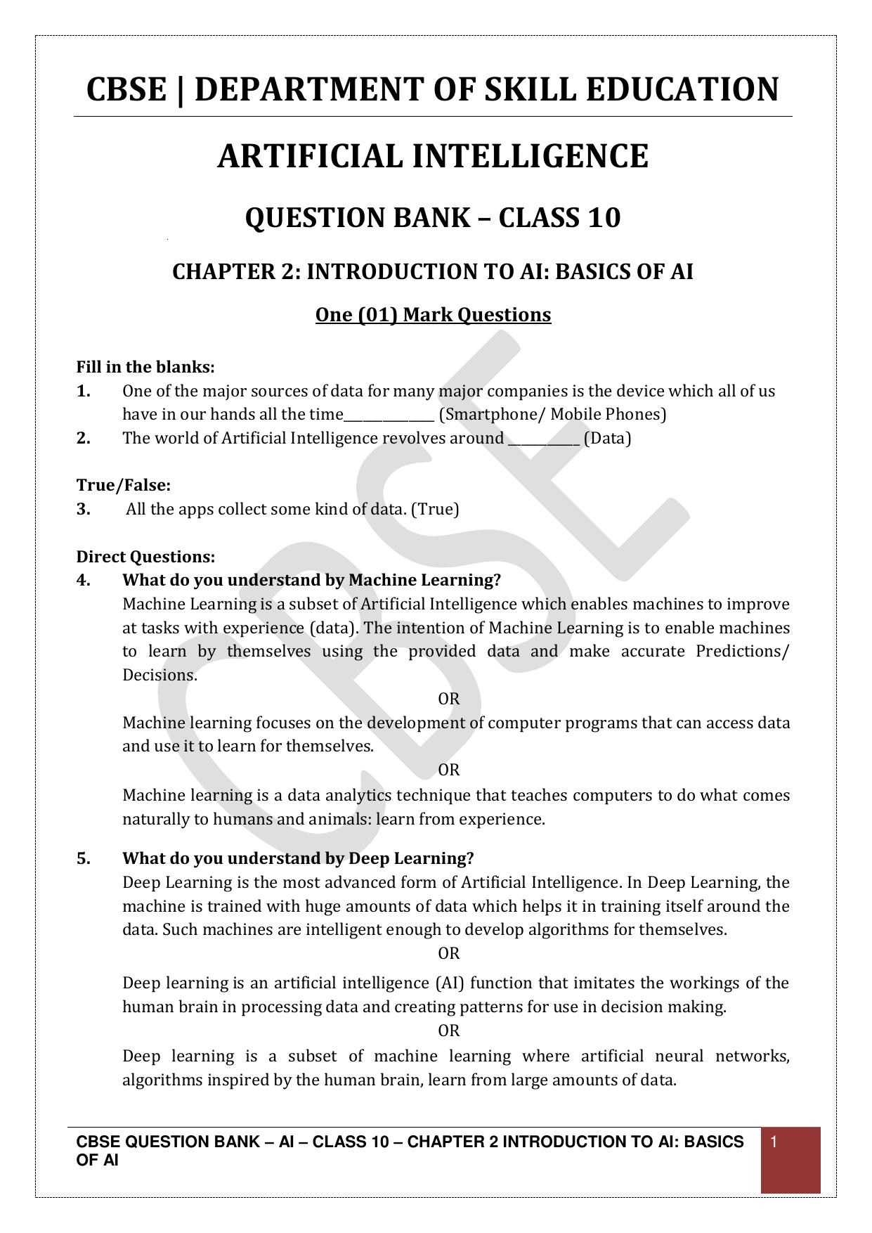 CBSE Class 10 Artificial Intelligence - Chapter 2 Question Bank - Page 1