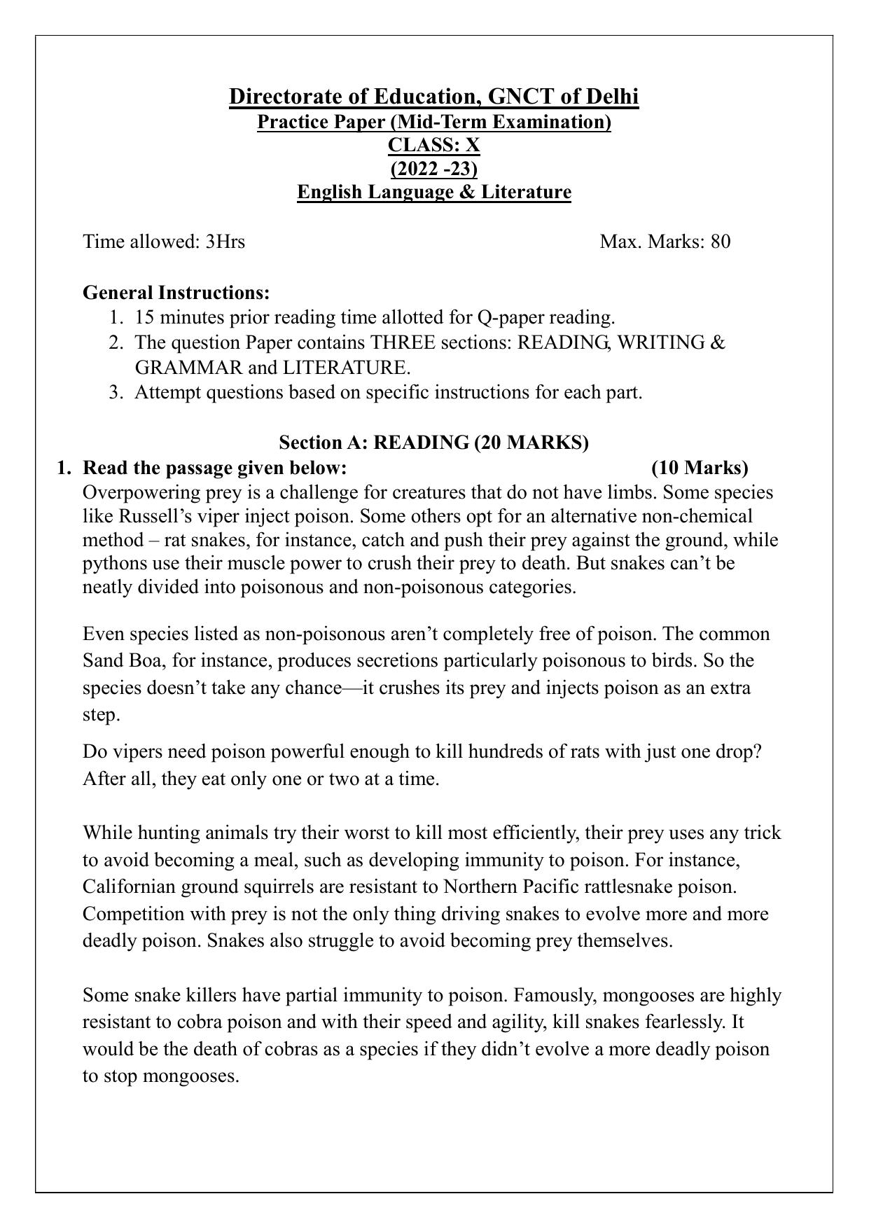Edudel Class 10 English Sample Question Paper - Page 1
