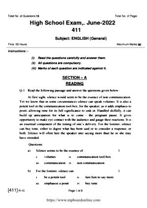 MP Board Class 10 English General 2022 Question Paper
