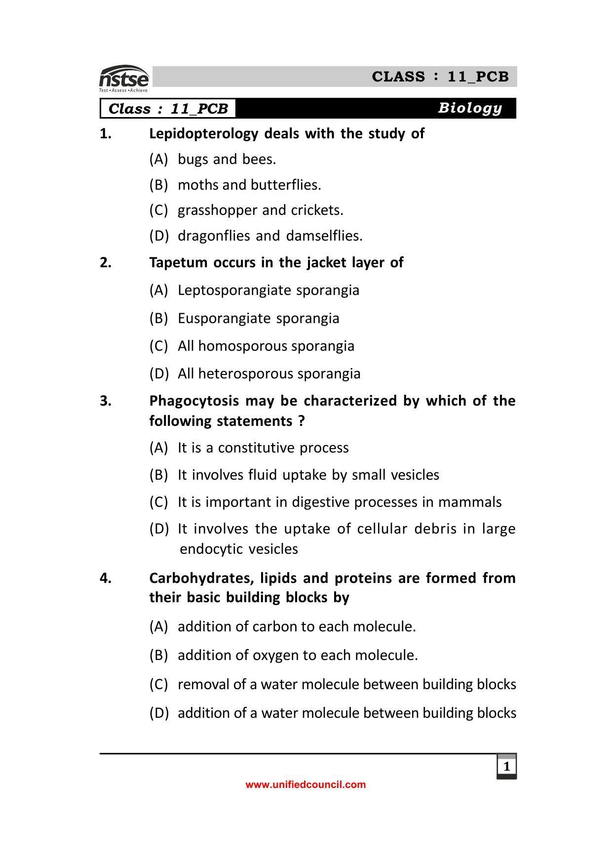 2023 Class 11 PCB NSTSE Sample Question Papers - Page 1