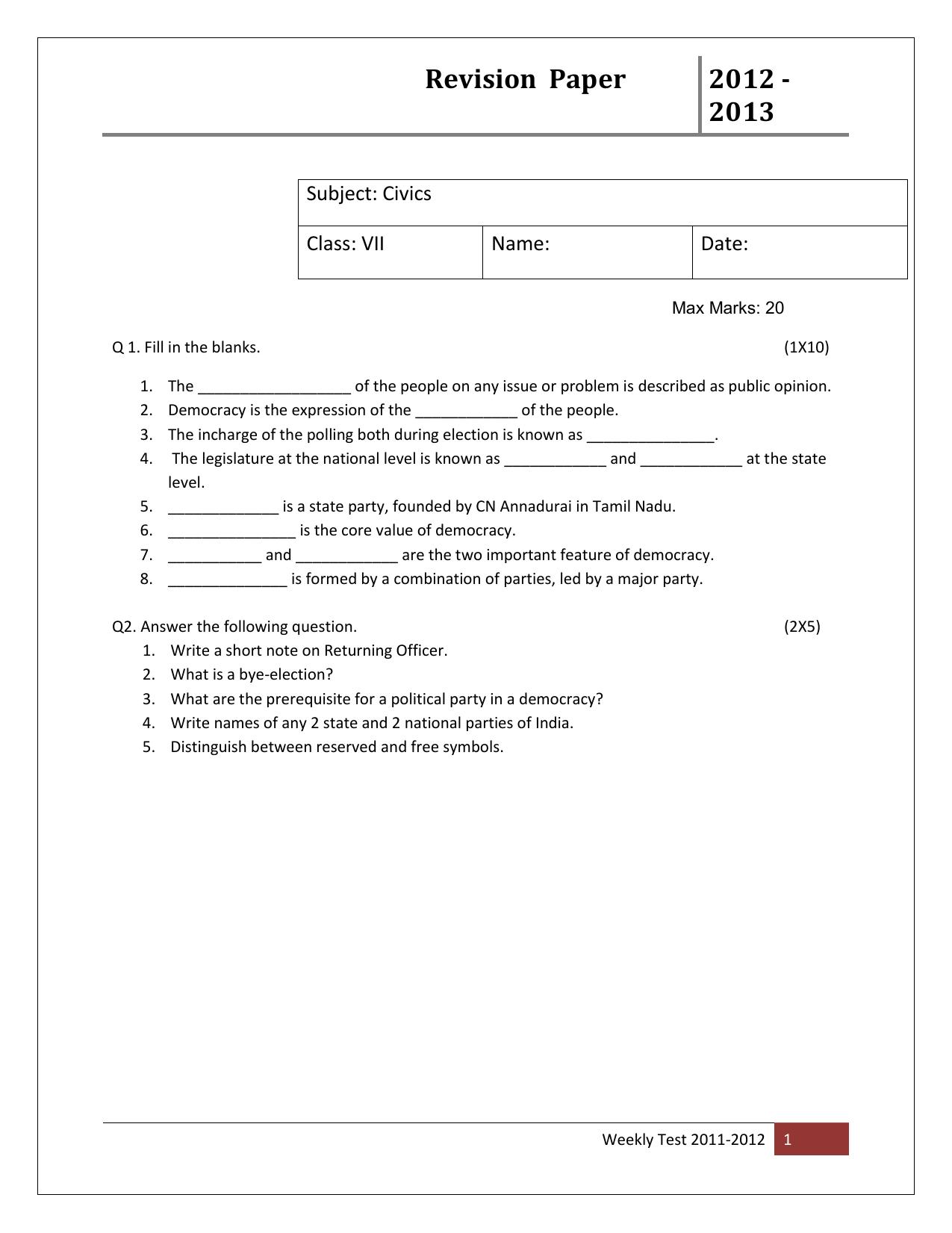 CBSE Worksheets for Class 7 Civics Assignment 10 - Page 1