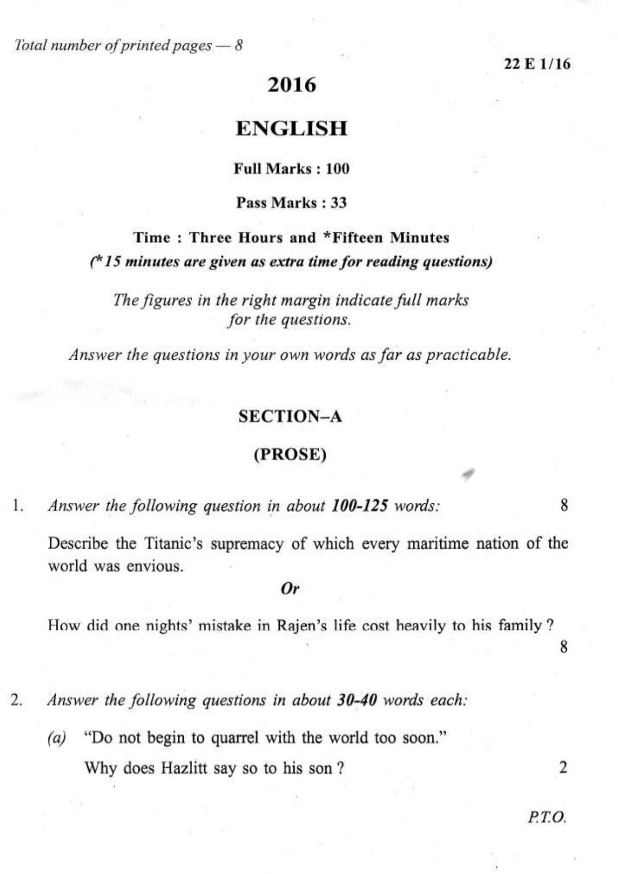 COHSEM Class 12 English 2016 Question Papers - Page 1