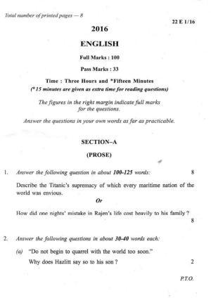 COHSEM Class 12 English 2016 Question Papers