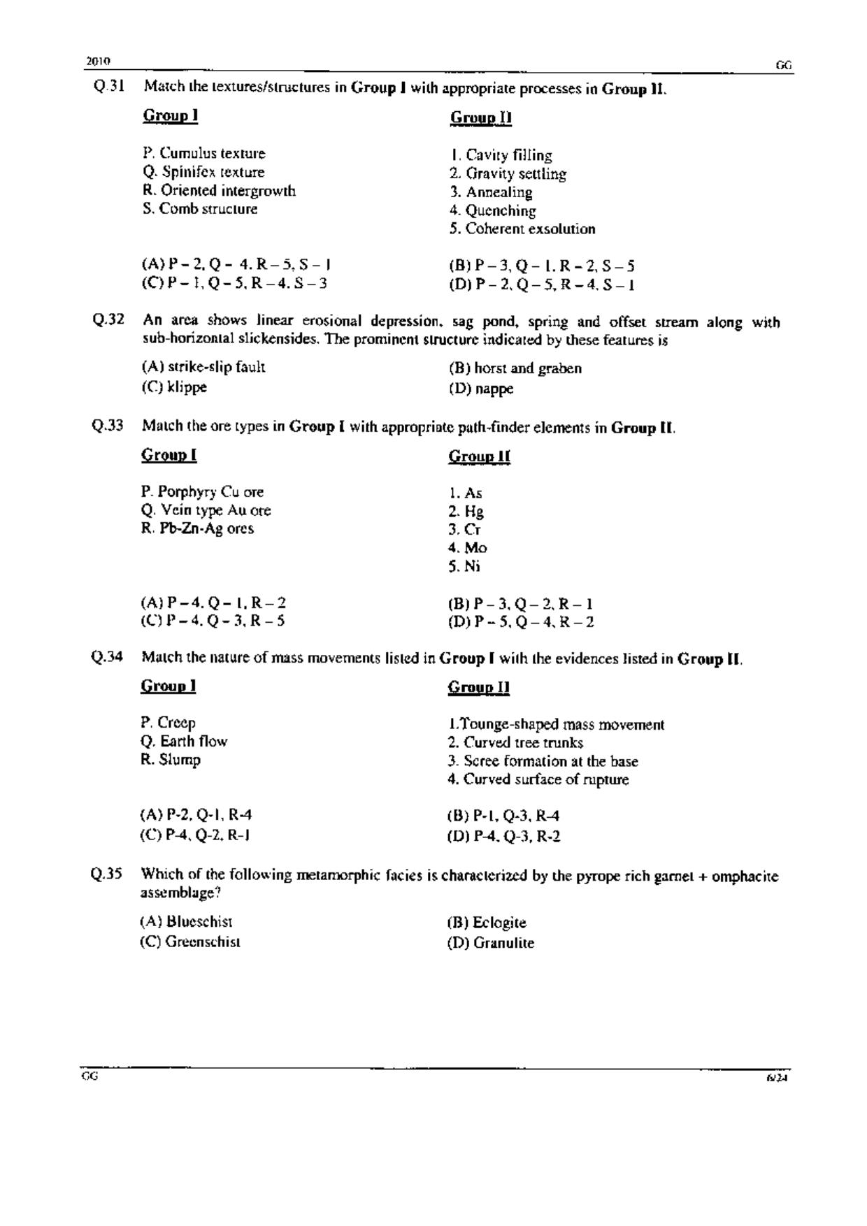 GATE 2010 Geology and Geophysics (GG) Question Paper with Answer Key - Page 6