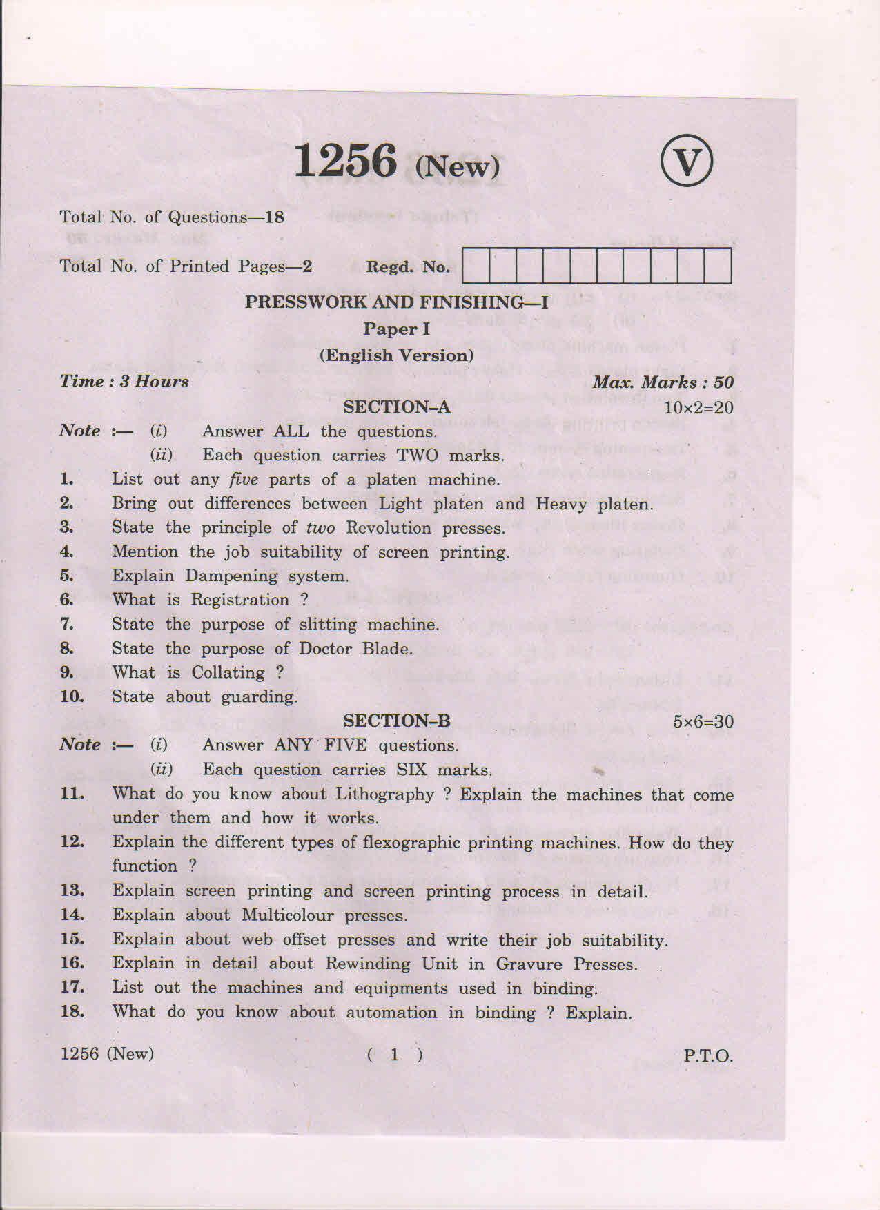 AP Inter 1st Year  Press Work and Finishing-I (New) March-2019-Vocational Question Paper - Page 1