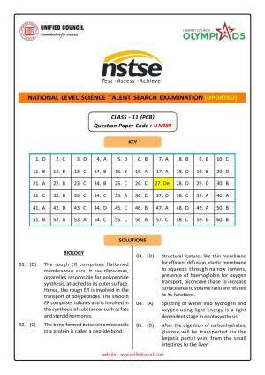 NSTSE 2023 Class 11 PCB Answer Key (Paper Code 489)