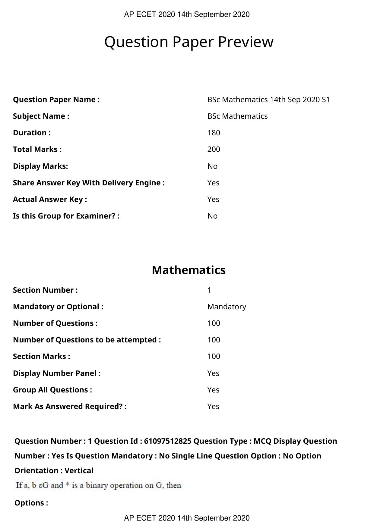 AP ECET 2020 - BSc Mathematics (Preview) Question Paper With Preliminary Keys - Page 1