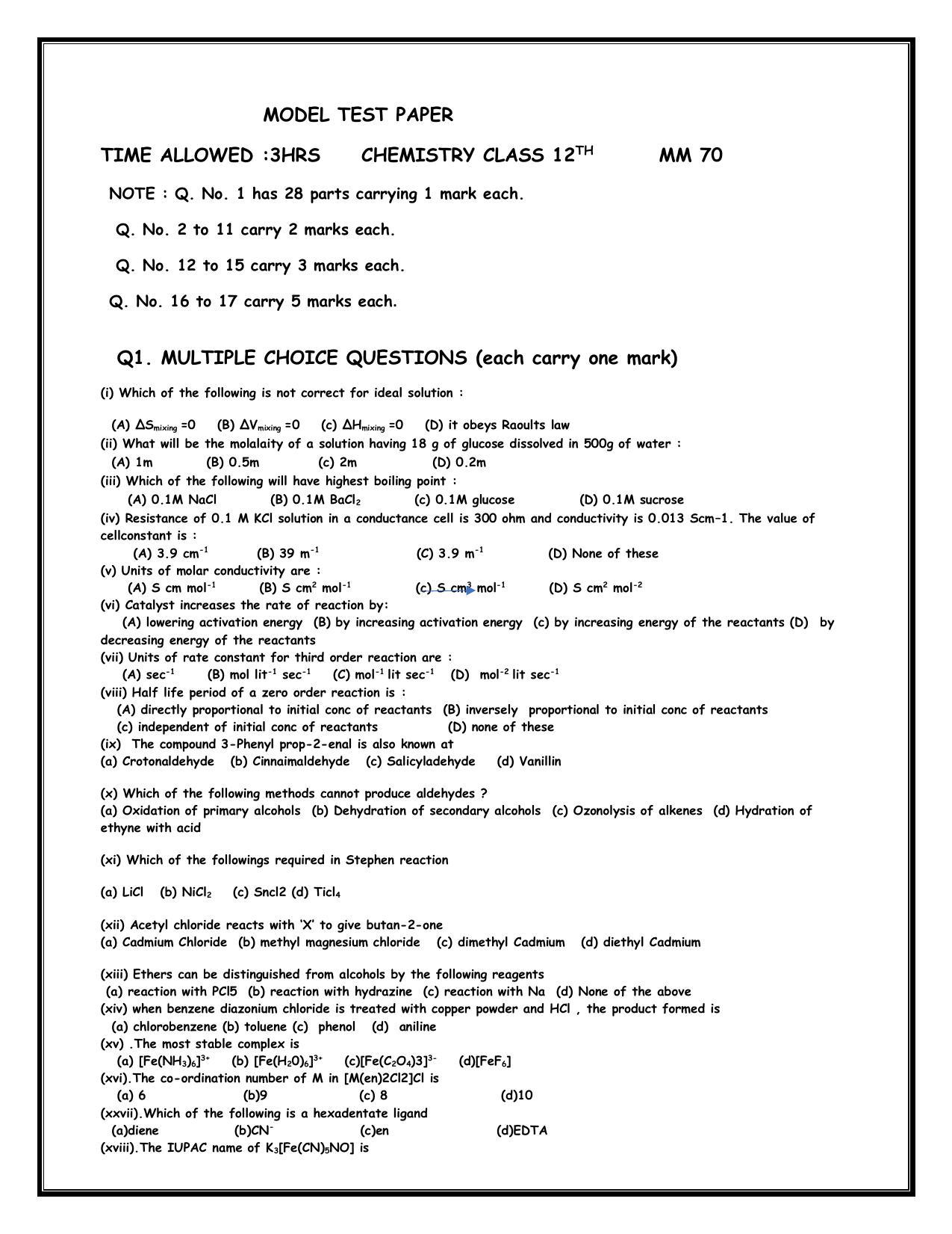 PSEB 12th Chemistry Model Paper 2024 - Page 1