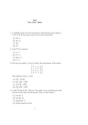 ISI Admission Test M.S.(QMS) QMA 2017 Sample Paper