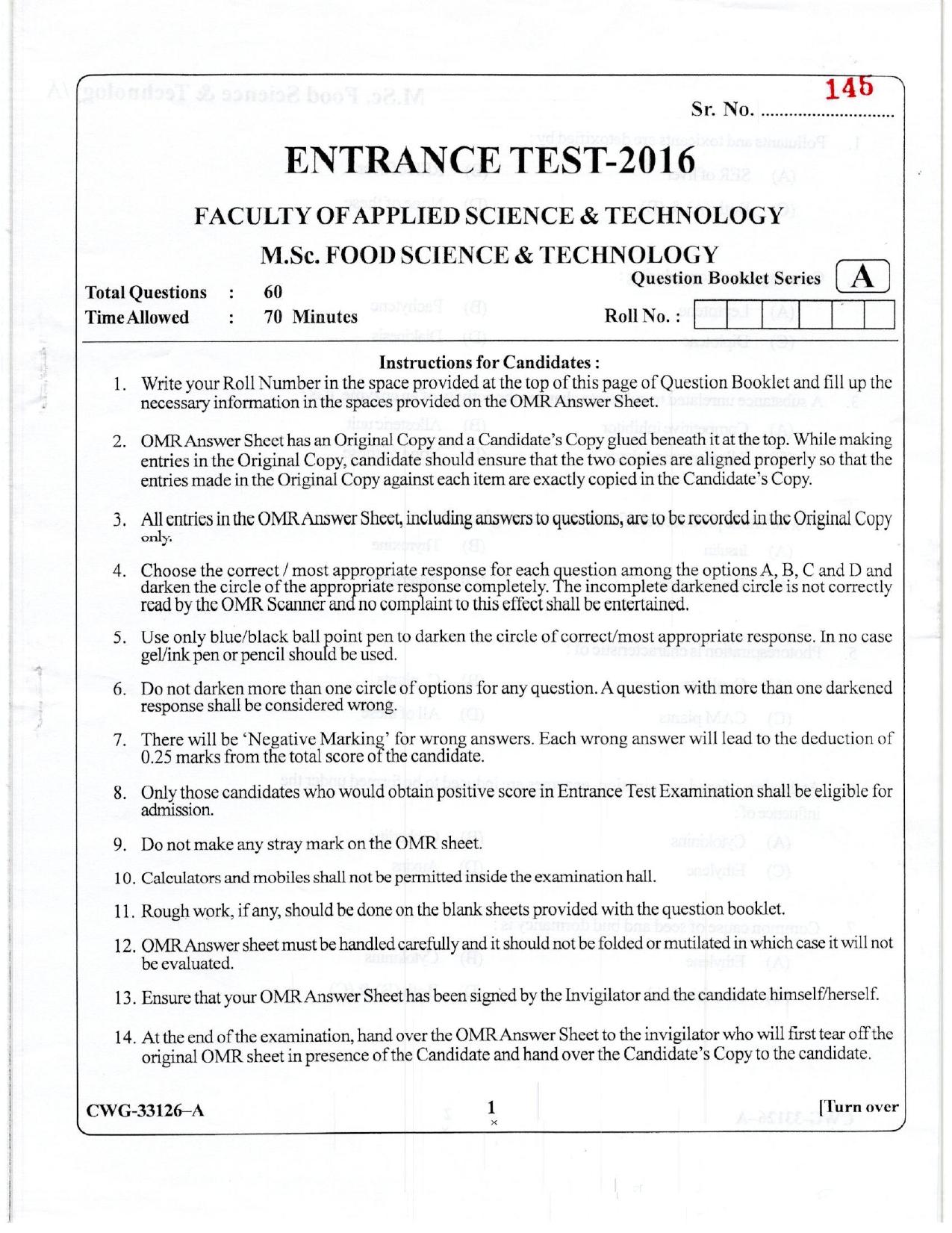 KUET 2023 M.Sc. Food Science & Technology Question Paper - Page 33