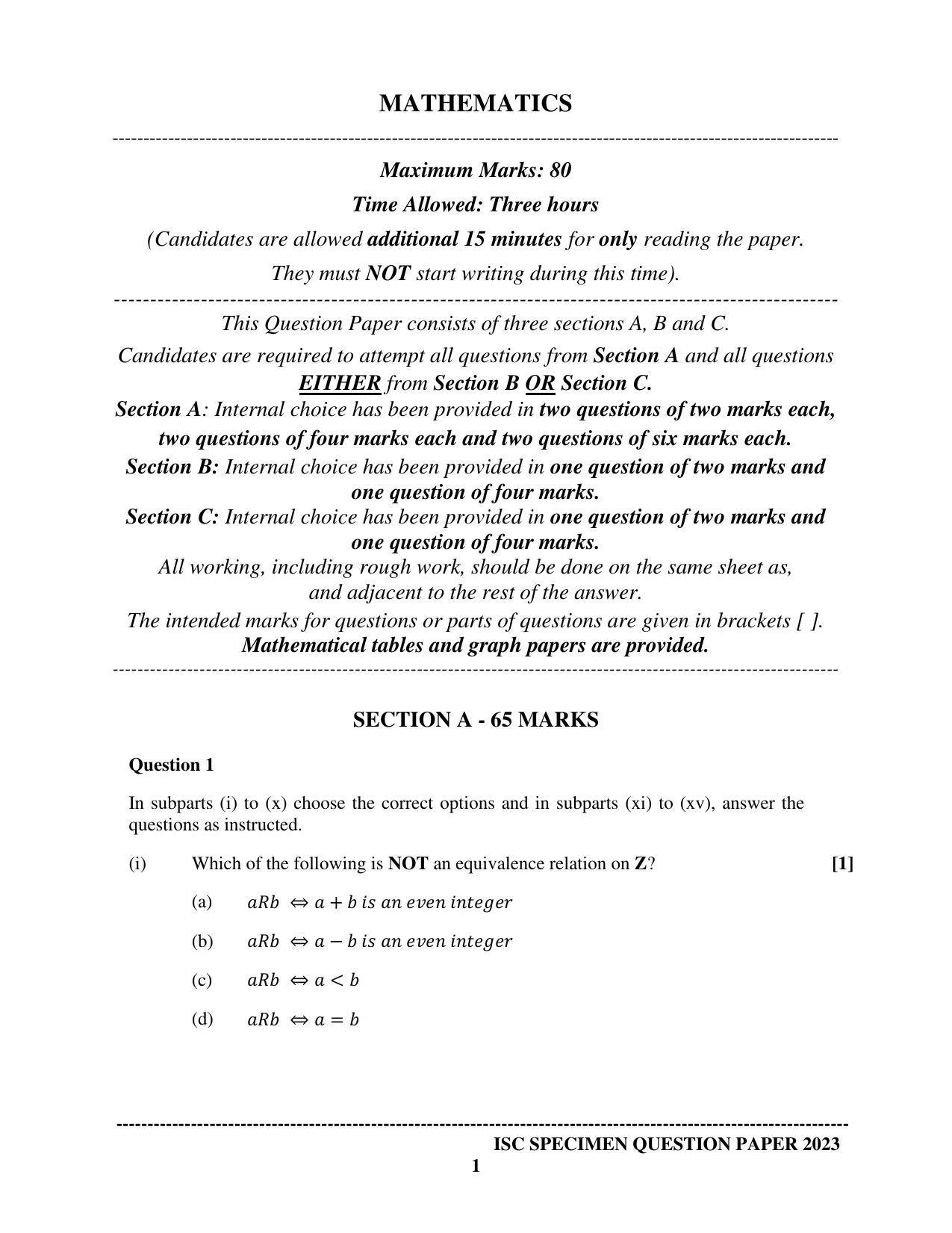 ISC Class 12 Mathematics Sample Paper 2023 - Page 1