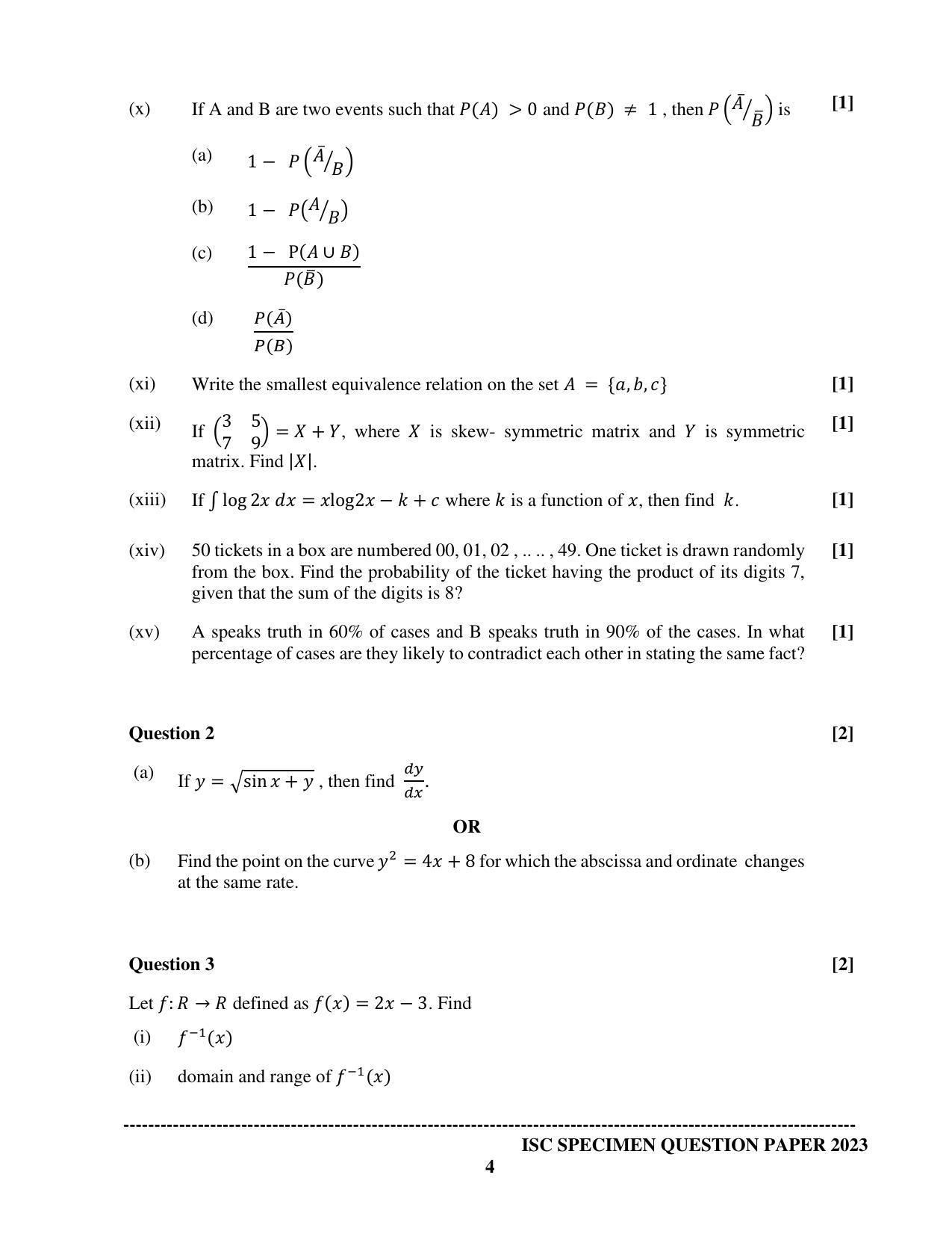 ISC Class 12 Mathematics Sample Paper 2023 - Page 4