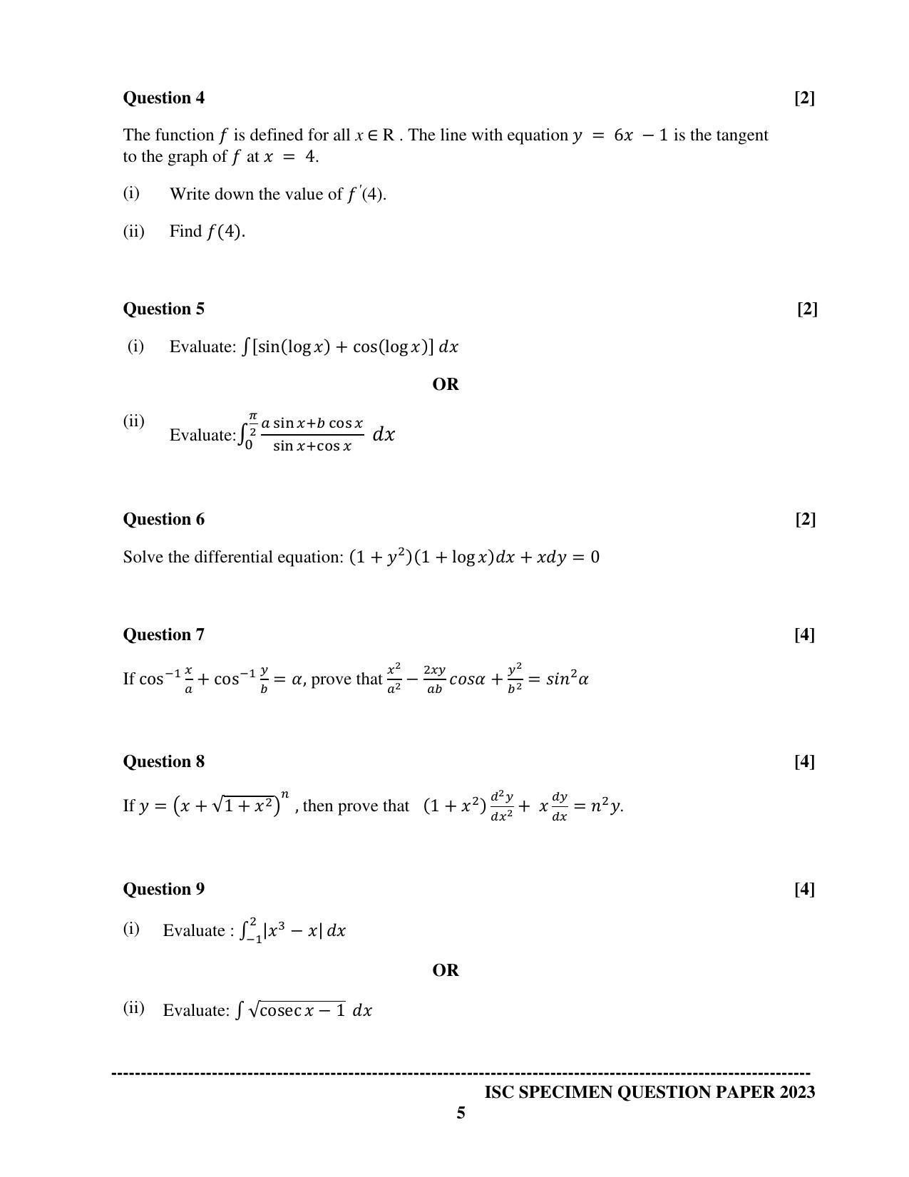 ISC Class 12 Mathematics Sample Paper 2023 - Page 5
