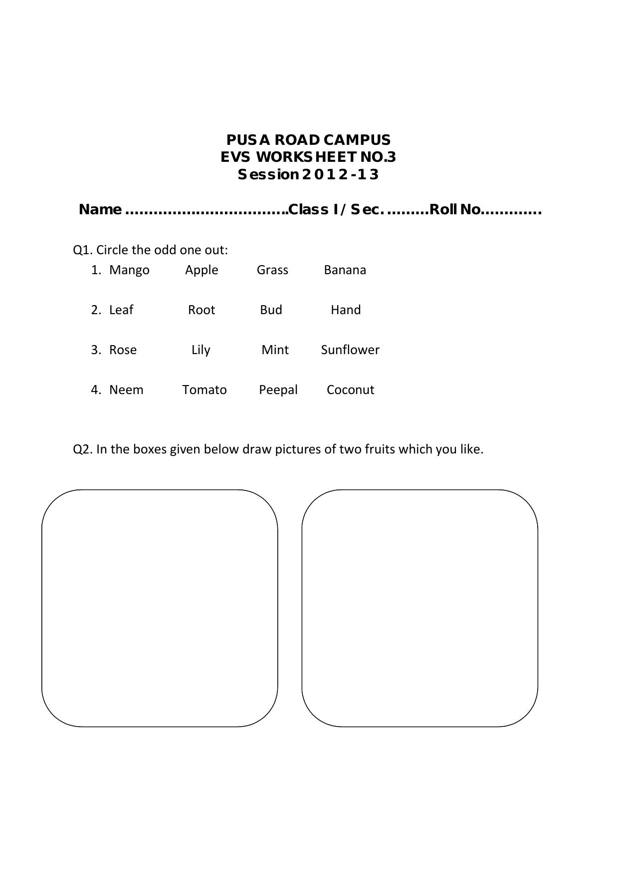 Worksheet for Class 1 EVS Assignment 4 - Page 1