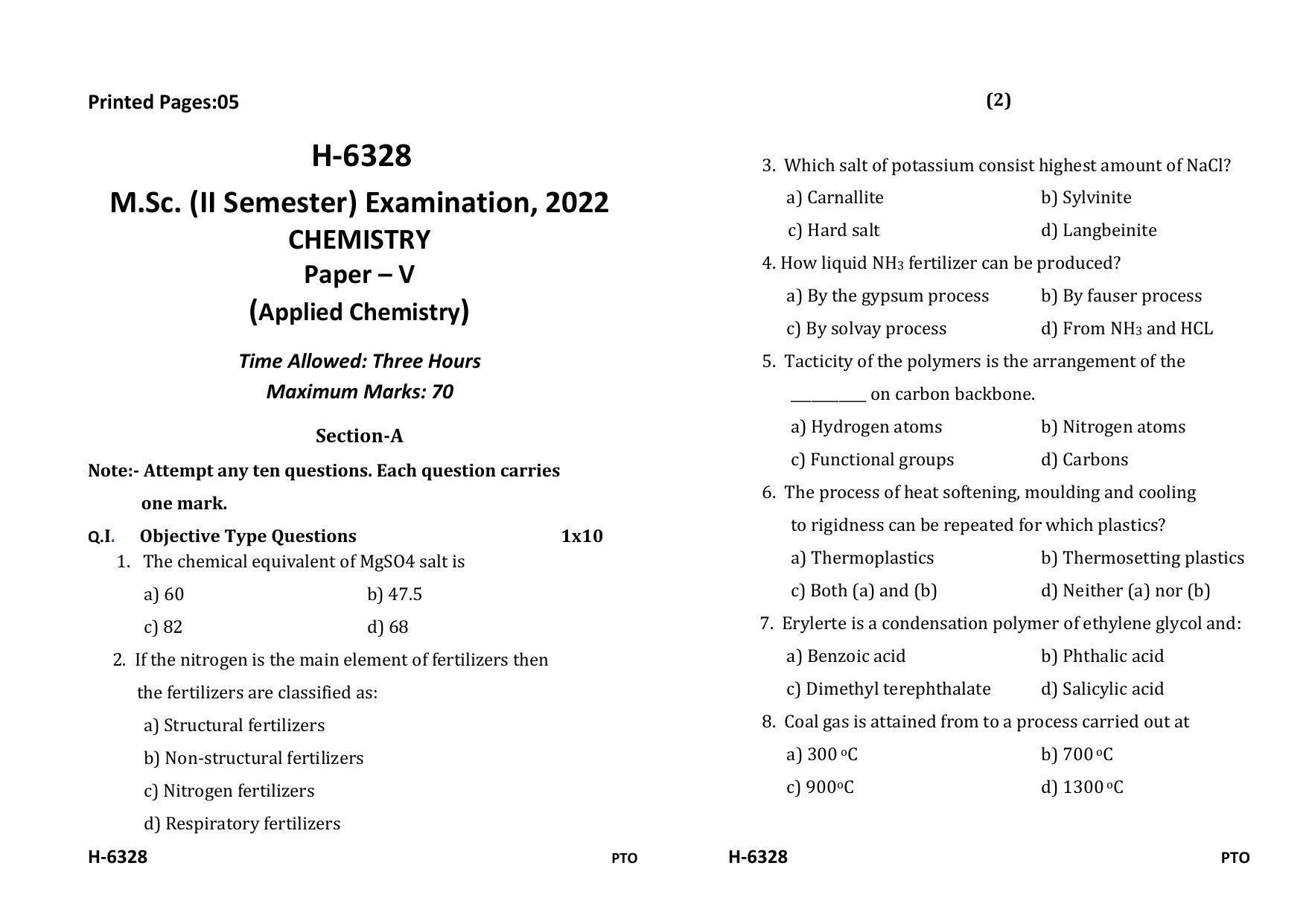 Sarguja University Question Paper July-2022 : M.Sc. Chemistry (Second Sem.)Applied Chemistry Paper 1 - Page 1