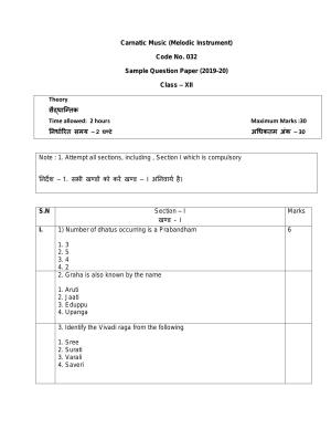 CBSE Class 12 Carnatic Melodic Skill Education-Sample Paper 2019-20