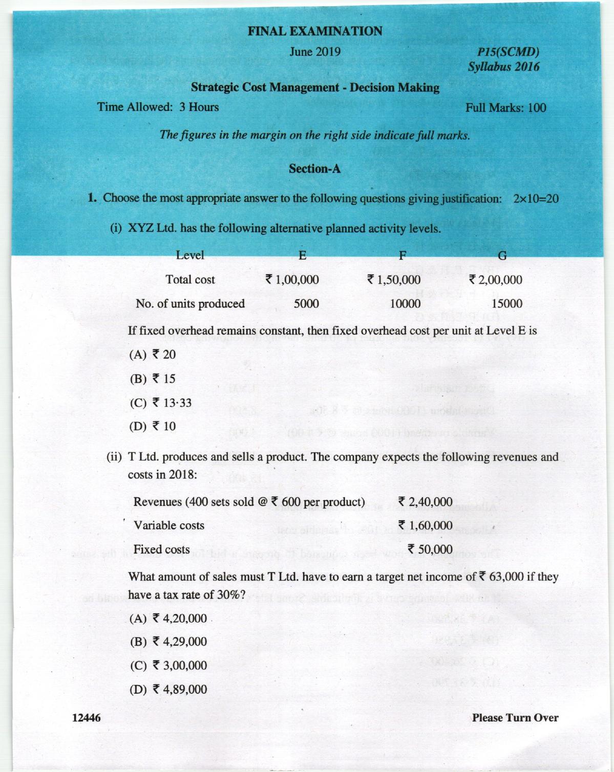ICMAI June 2019 Strategic Cost Management- Decision Making Question Paper (Final) - Page 1