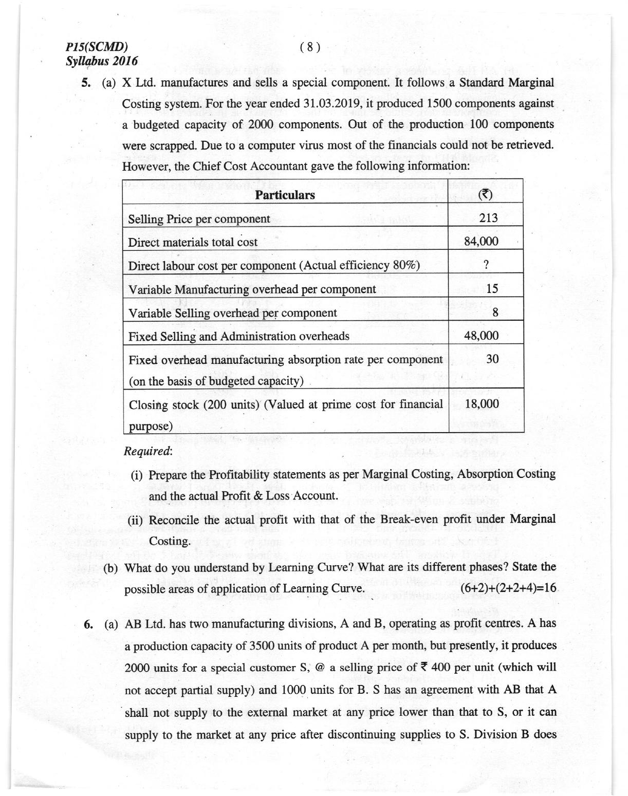 ICMAI June 2019 Strategic Cost Management- Decision Making Question Paper (Final) - Page 8