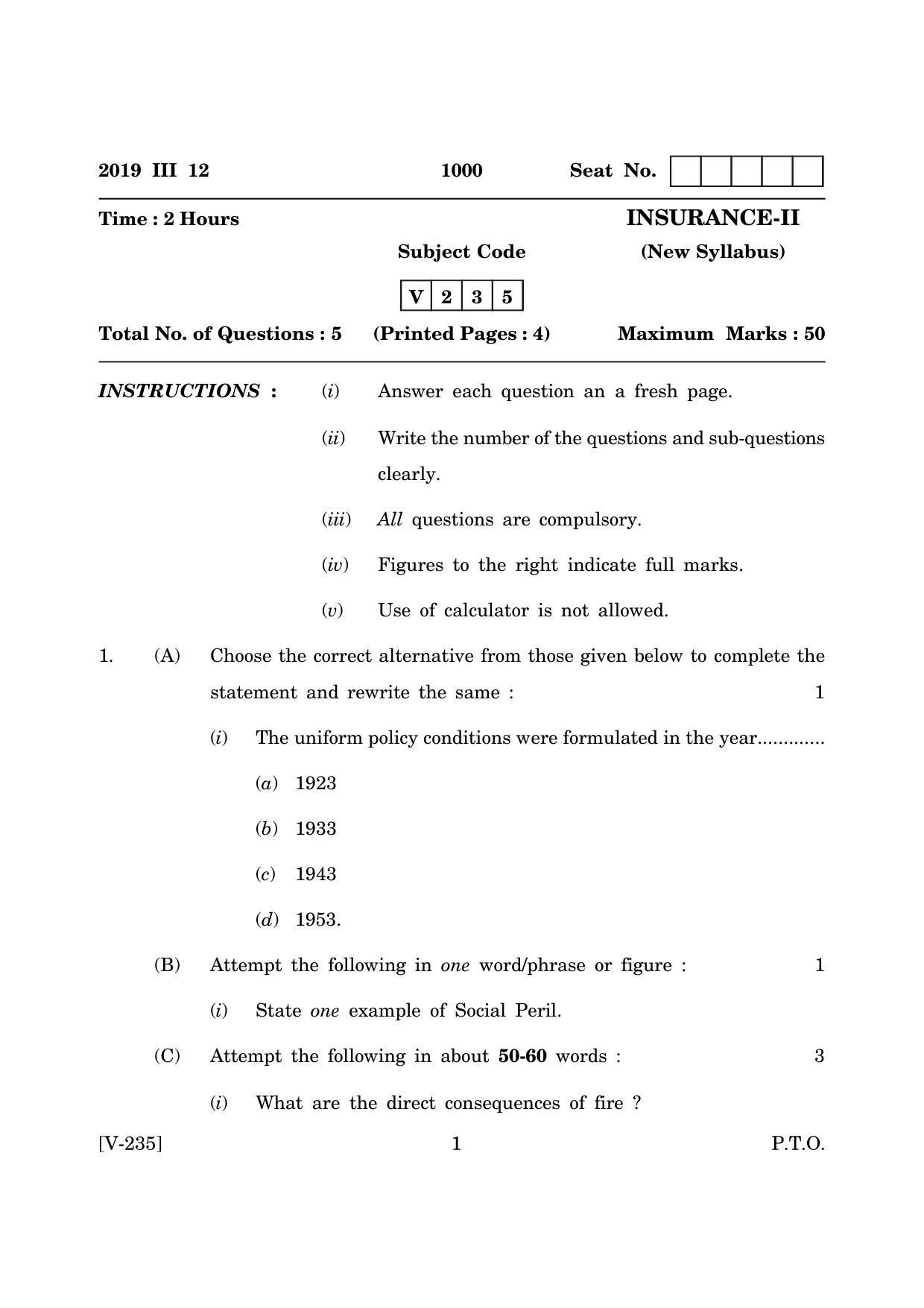 Goa Board Class 12 Insurance II   (March 2019) Question Paper - Page 1