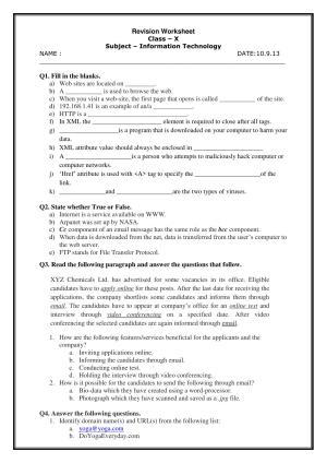 CBSE Worksheets for Class 10 Computer Science Information Technology Assignment 1
