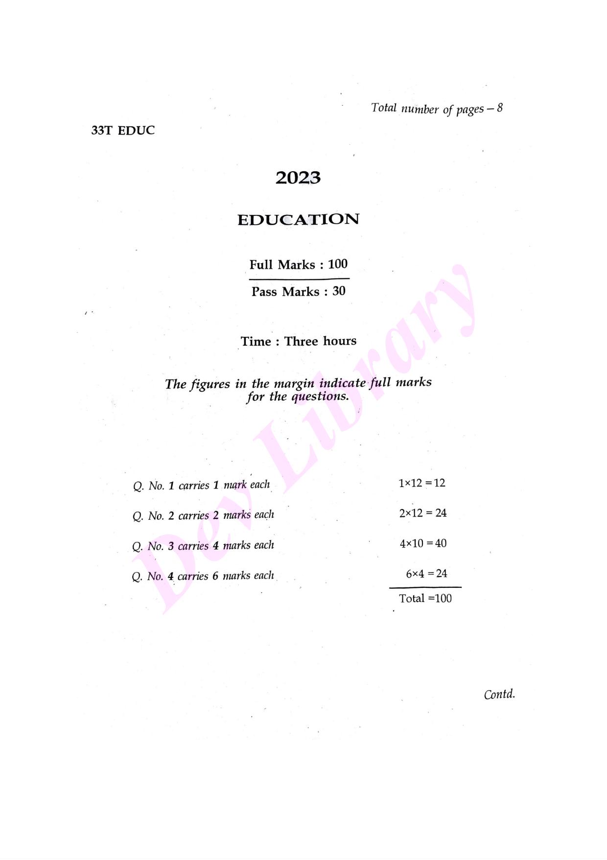 Assam HS 2nd Year Education 2023 Question Paper - Page 1