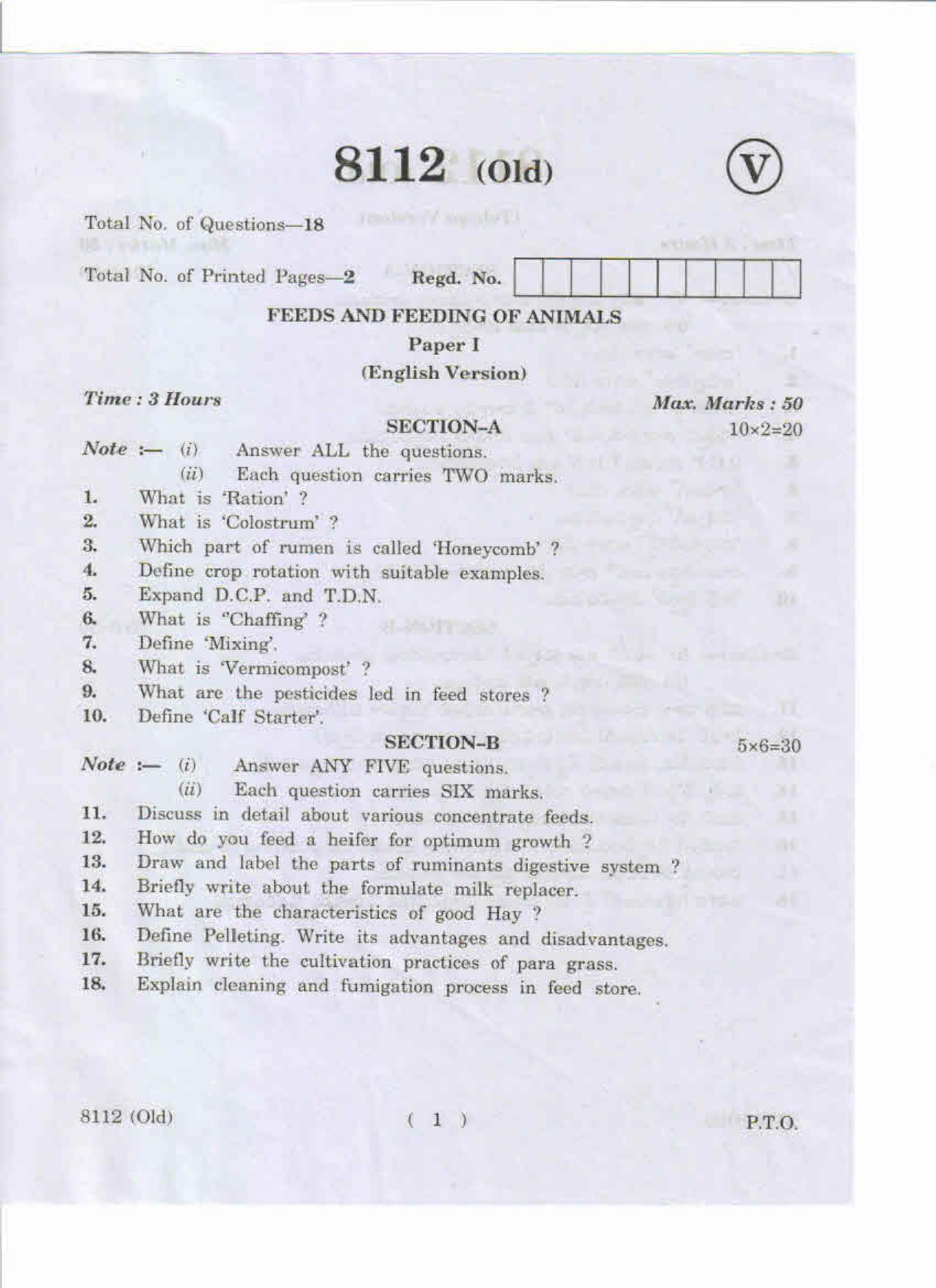 AP Inter 1st Year Feeds and Feeding of Animals-I (Old) May-2019-Vocational Question Paper - Page 1