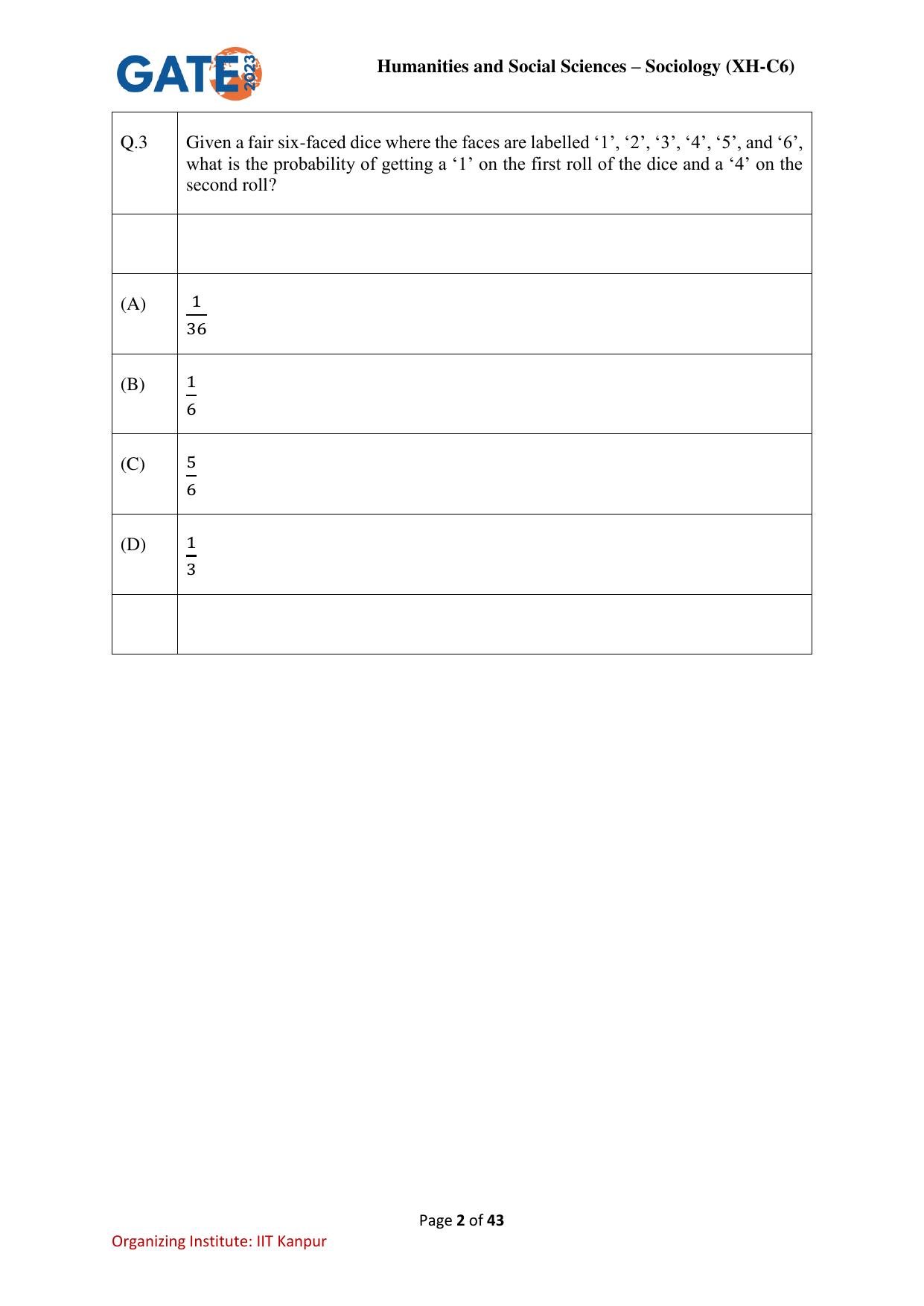 GATE 2023 Humanities & Social Sciences – Sociology (XH-C6) Question Paper - Page 2