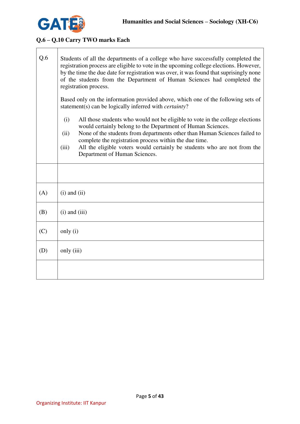 GATE 2023 Humanities & Social Sciences – Sociology (XH-C6) Question Paper - Page 5