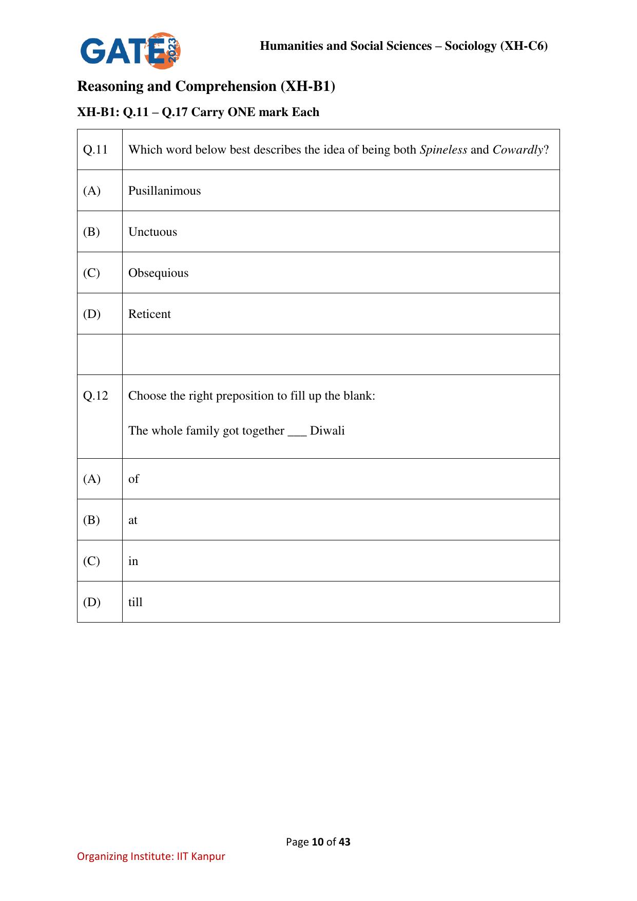 GATE 2023 Humanities & Social Sciences – Sociology (XH-C6) Question Paper - Page 10