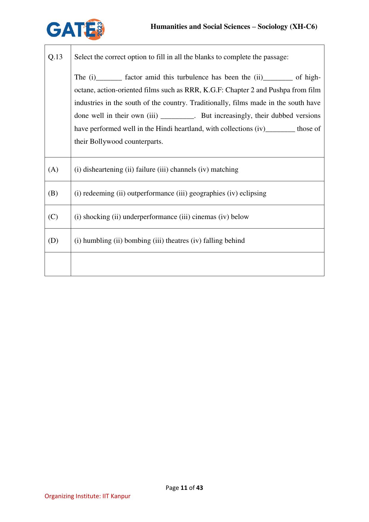 GATE 2023 Humanities & Social Sciences – Sociology (XH-C6) Question Paper - Page 11
