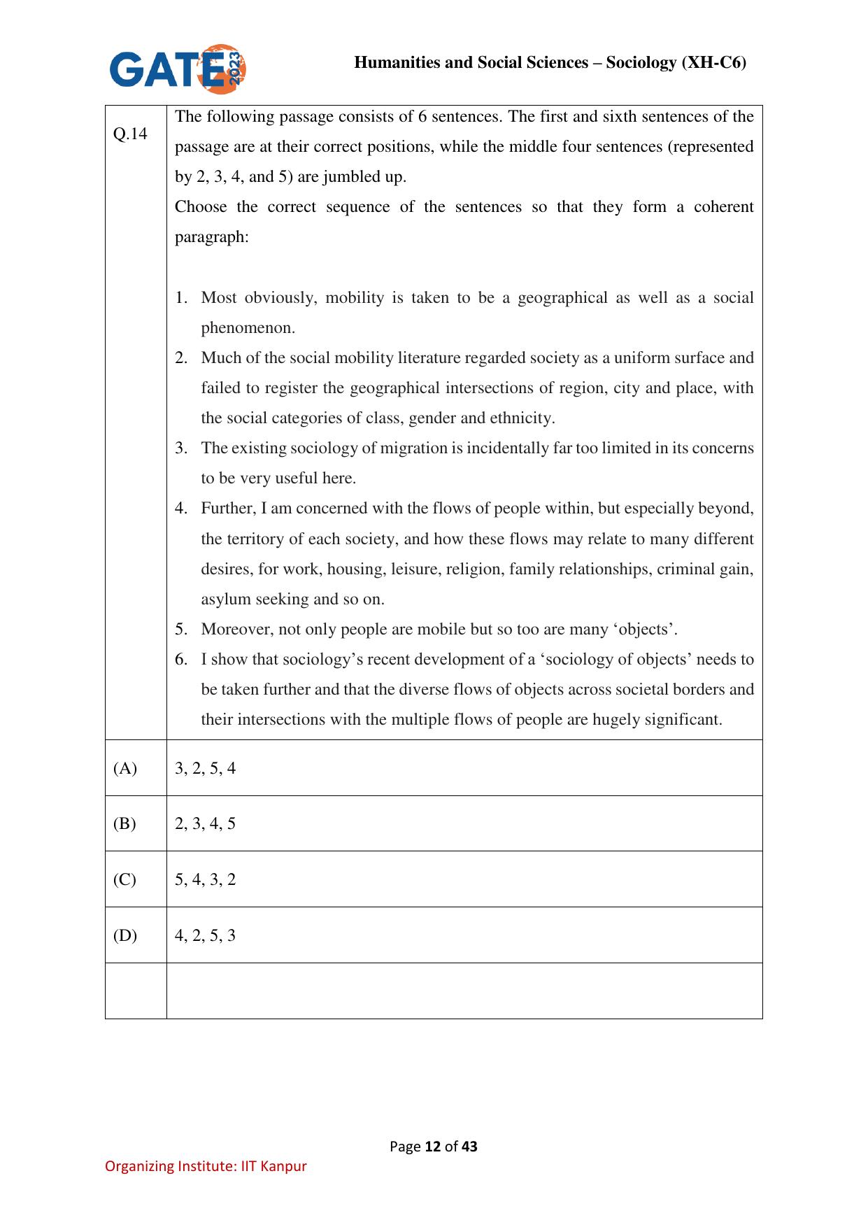 GATE 2023 Humanities & Social Sciences – Sociology (XH-C6) Question Paper - Page 12