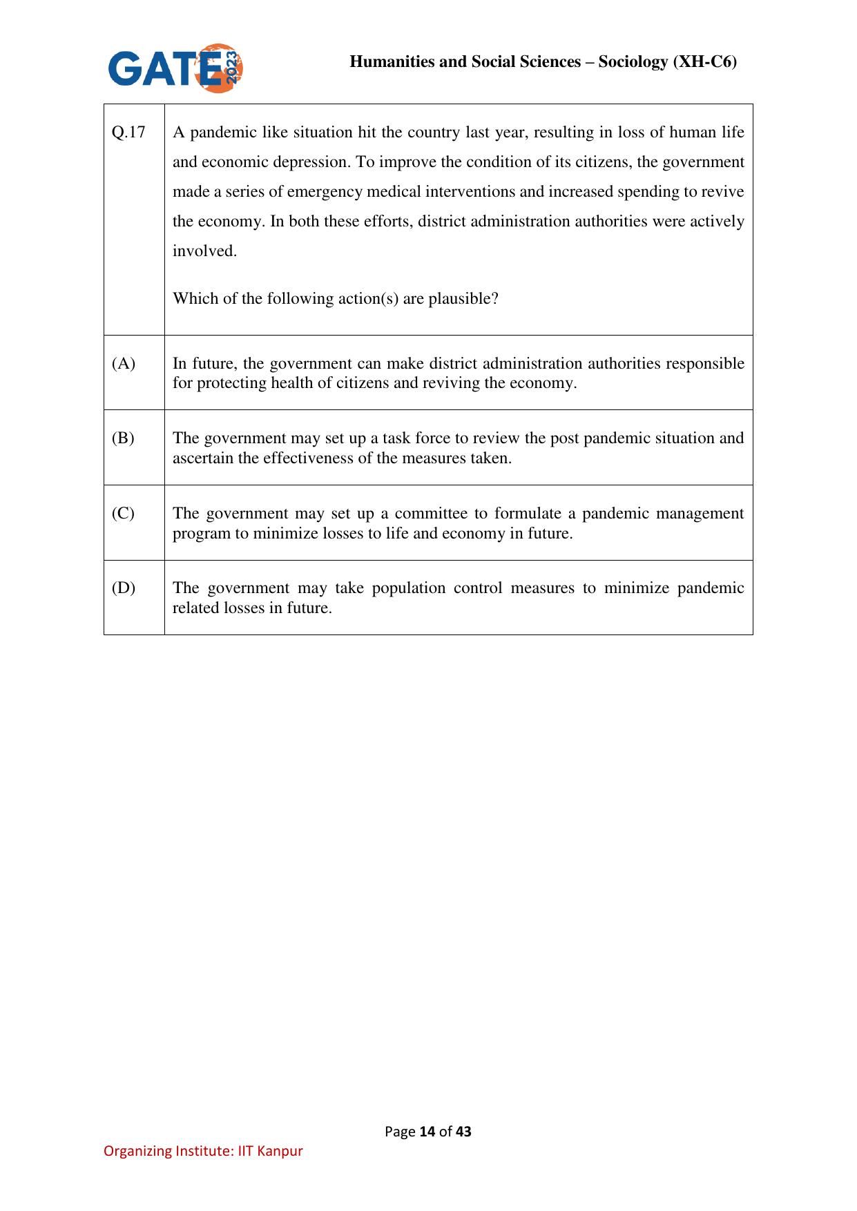 GATE 2023 Humanities & Social Sciences – Sociology (XH-C6) Question Paper - Page 14