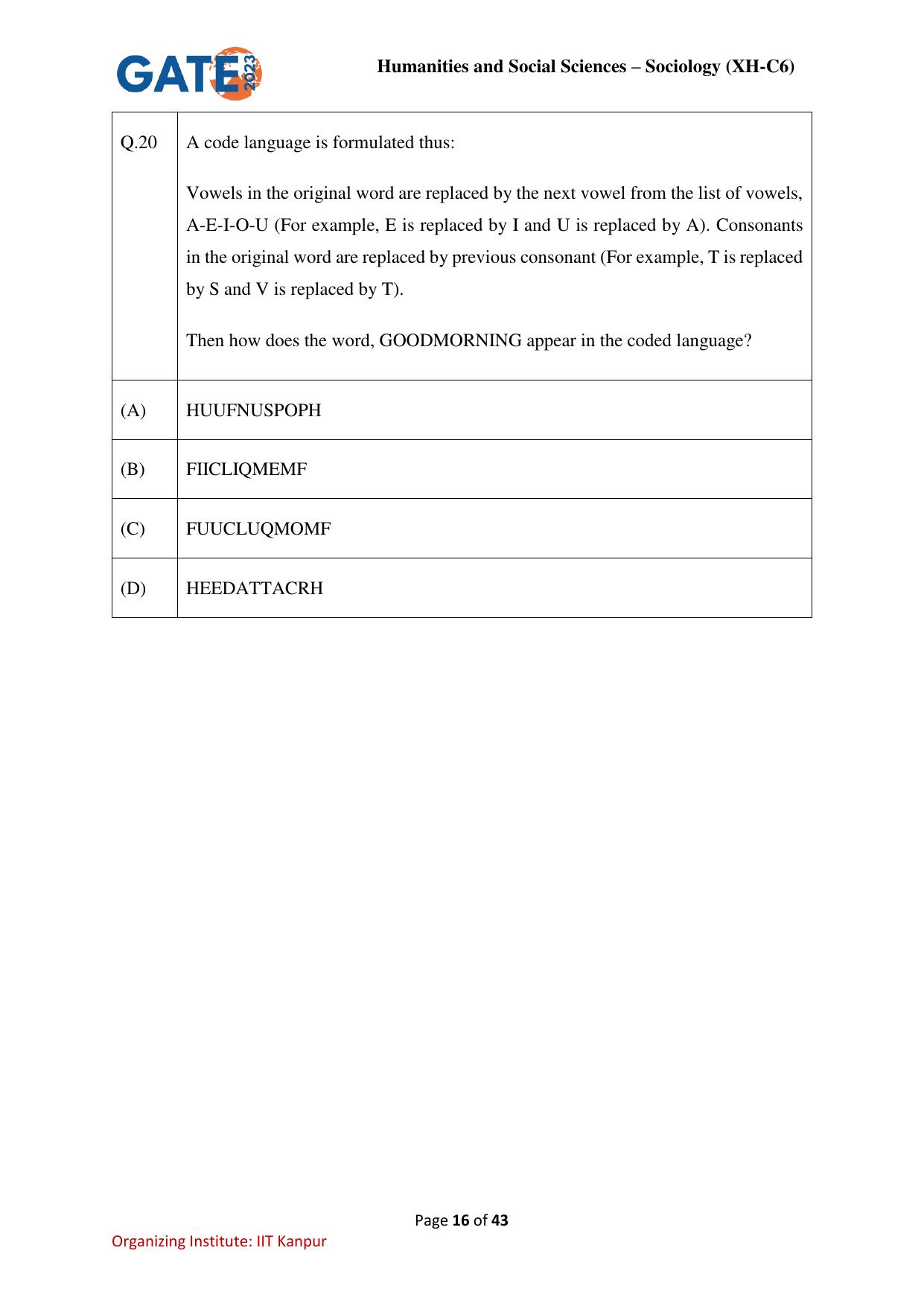 GATE 2023 Humanities & Social Sciences – Sociology (XH-C6) Question Paper - Page 16