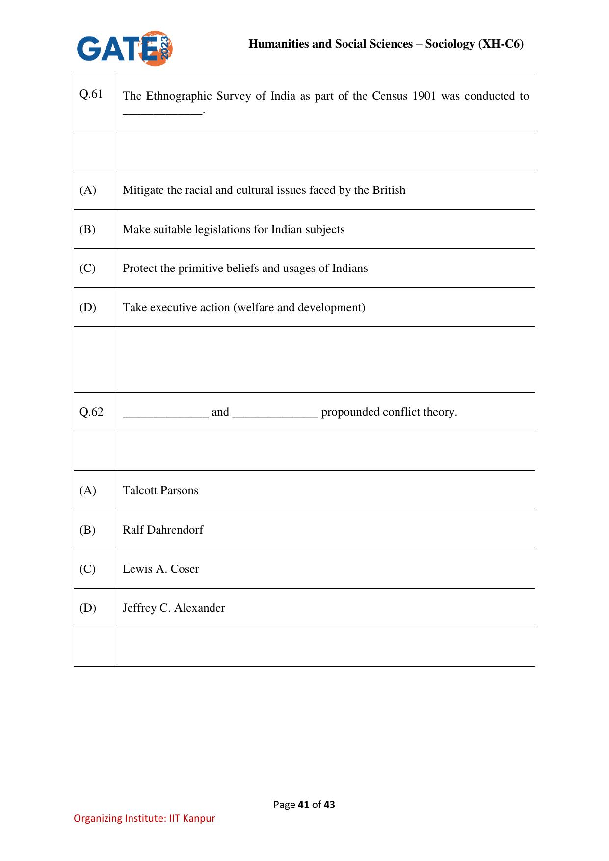 GATE 2023 Humanities & Social Sciences – Sociology (XH-C6) Question Paper - Page 41