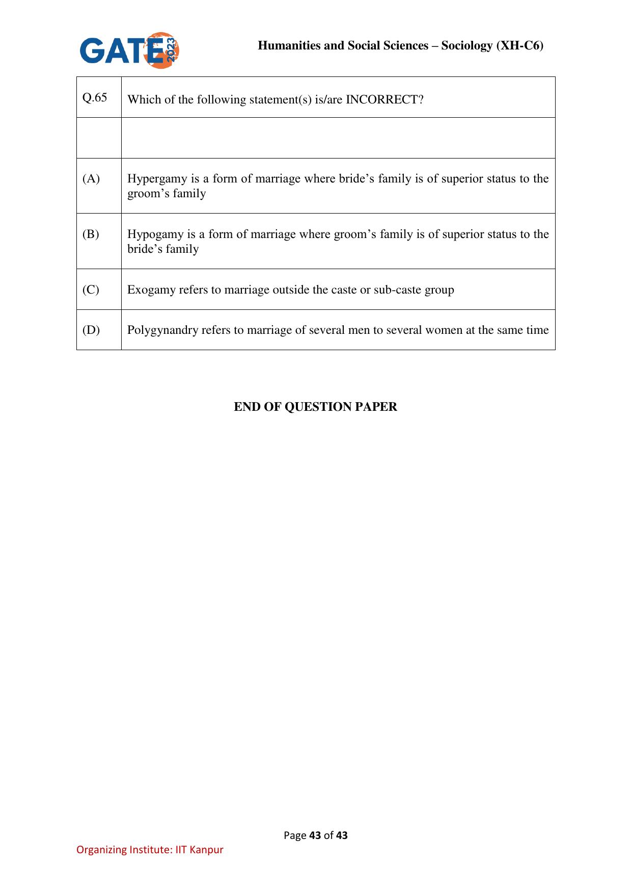 GATE 2023 Humanities & Social Sciences – Sociology (XH-C6) Question Paper - Page 43