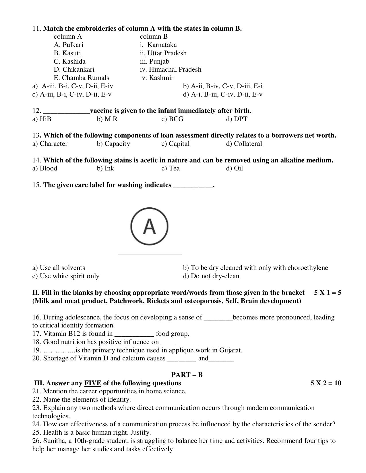 Karnataka 1st PUC Home Science Model Question Paper 2025 - Page 2
