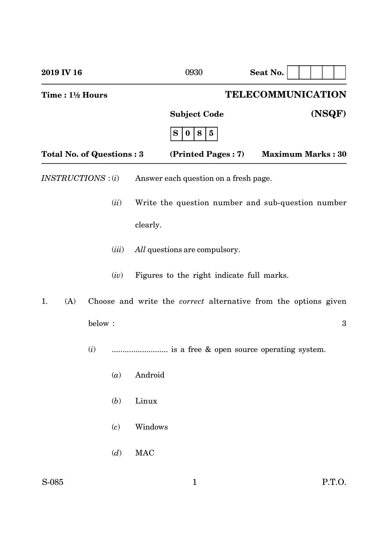 Goa Board Class 10 Telecommunication (March 2019) Question Paper - Page 1