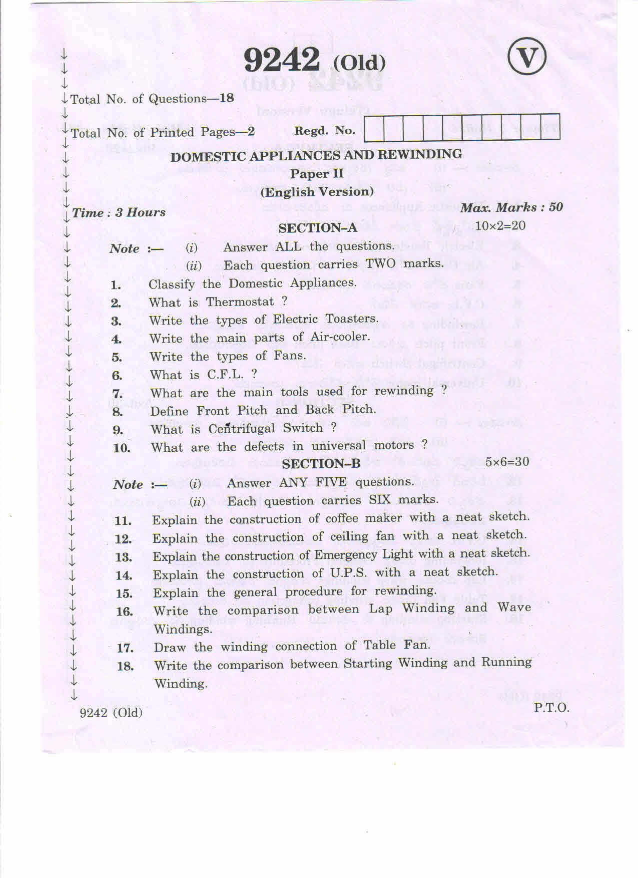 AP Inter 2nd Year Domestic Appliances ReWinding-II (old) March-2020-Vocational Question Pape - Page 1