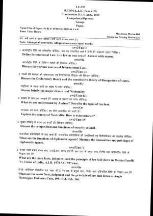 Bilaspur University Question Paper July 2022: B.COM. LL.B. Eight semester (New course) Public International Law Paper 1
