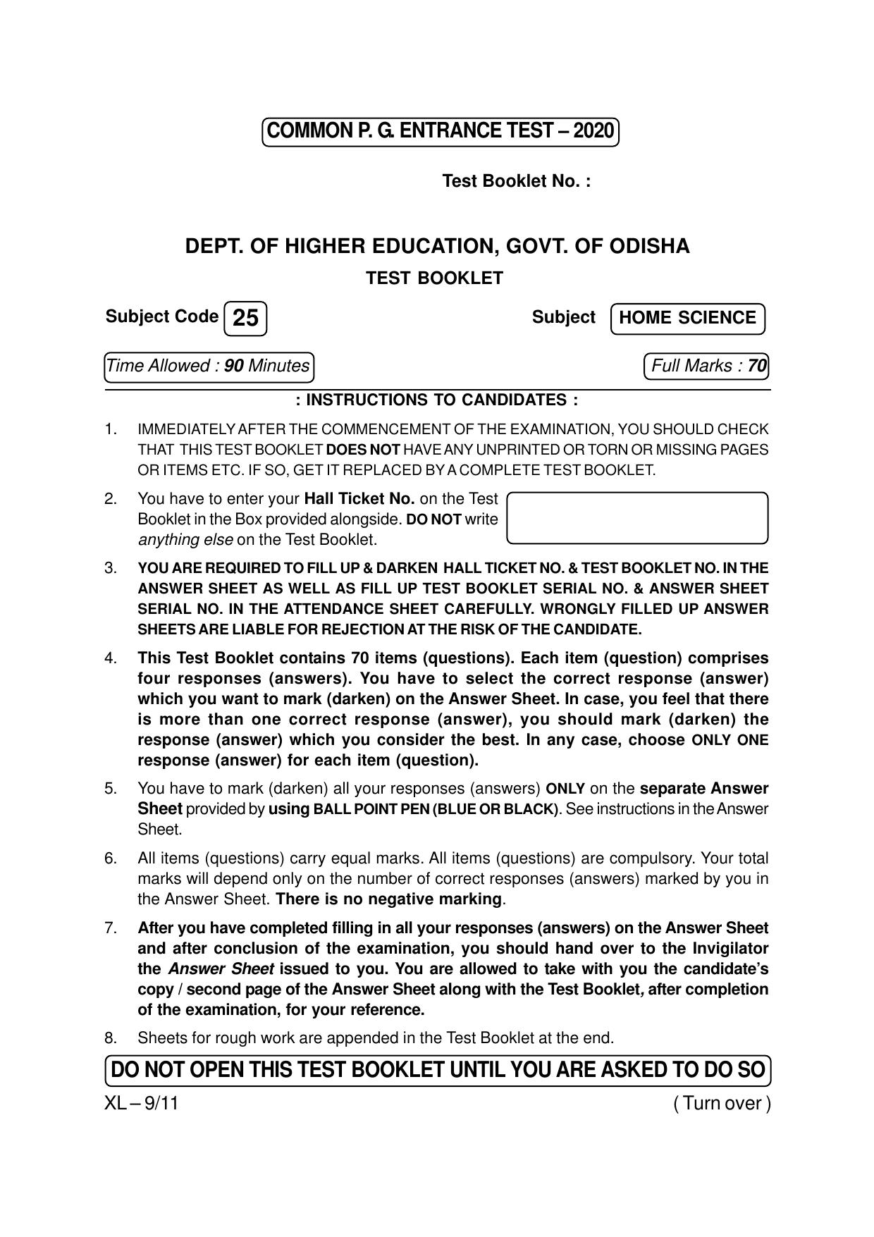 Odisha CPET HOME SCIENCE 2020 Question Paper - Page 1