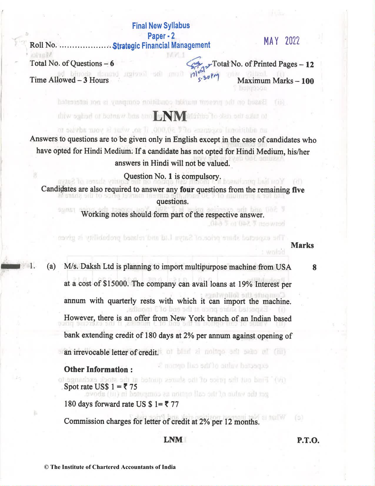 CA Final May 2022 Question Paper - Paper 2 – Strategic Financial Management - Page 1