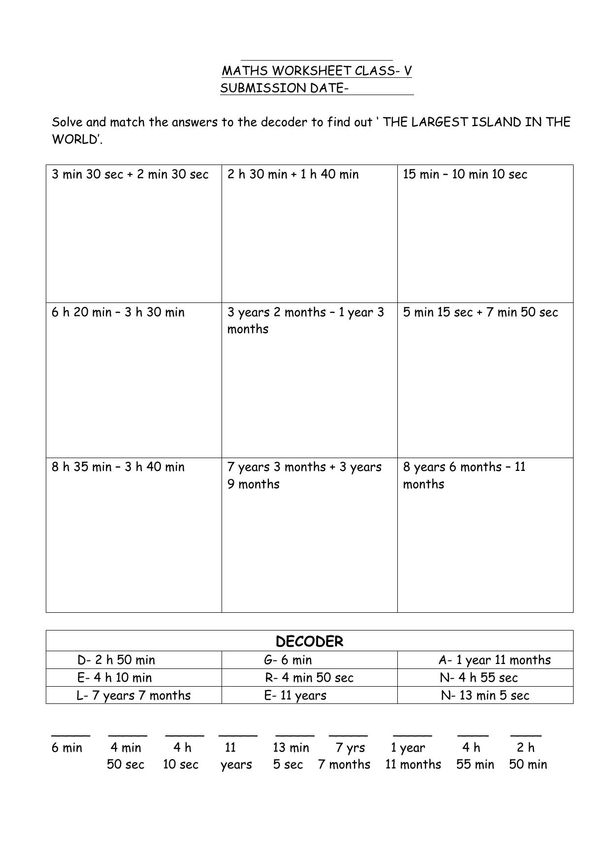Worksheet for Class 5 Maths Time Assignment - Page 1