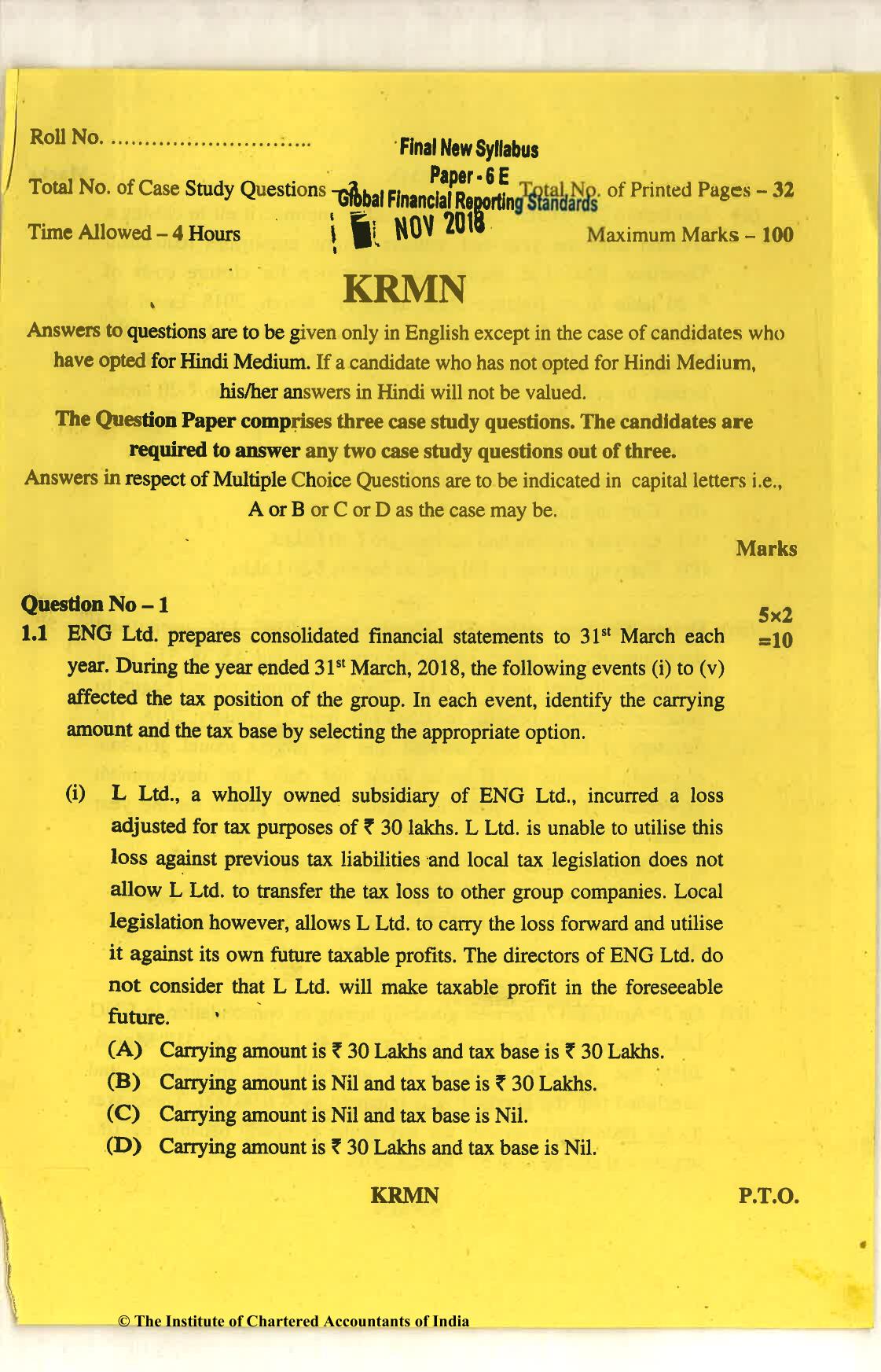 CA Final Nov 2018 Question Paper - Paper 6E – Global Financial Reporting Standards - Page 1