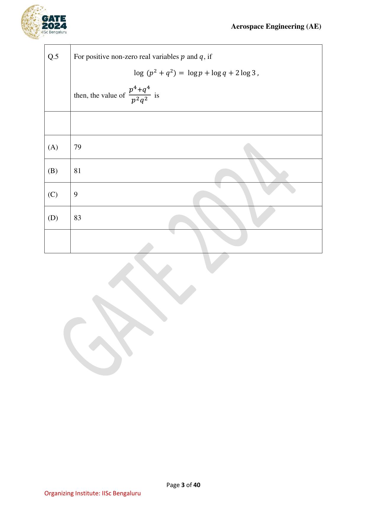 GATE 2024 Aerospace Engineering (AE) Question Paper - Page 3